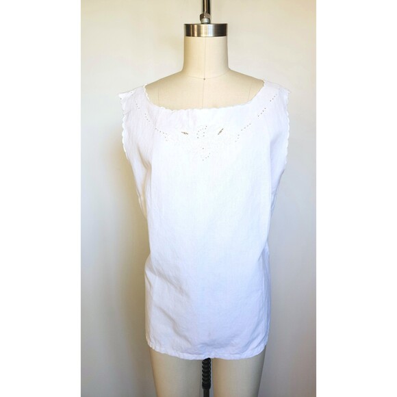 White LINEN Embroidered Blouse Floral Embroidered Blouse Peasant Italian L XL - Picture 7 of 8
